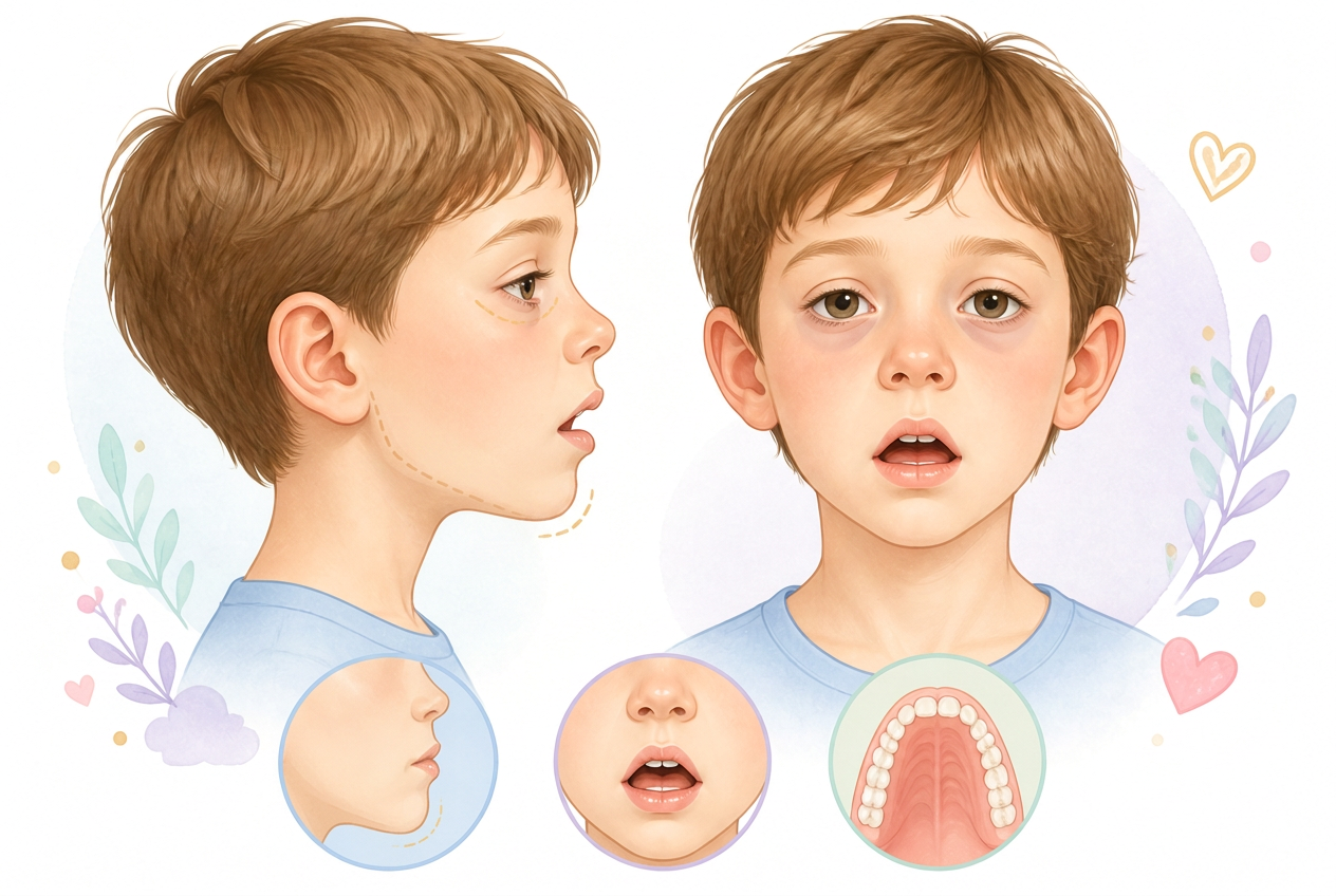 Gentle illustration showing adenoid face features in a child — open mouth posture, recessed lower jaw and tired eyes — patterns myofunctional therapy can help retrain